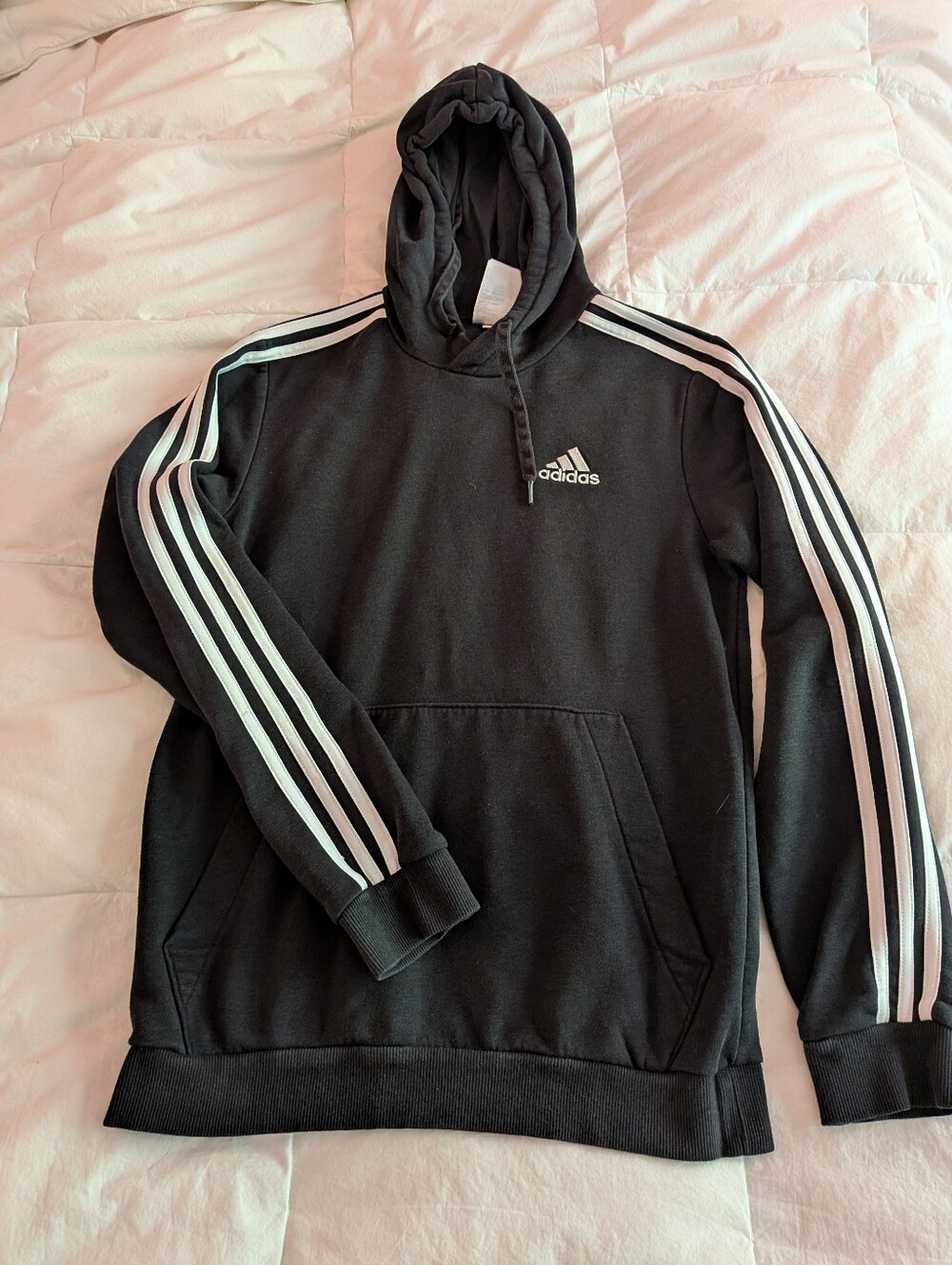 Men's Adidas Black Hoodie with White Three-Stripe Detail Size S